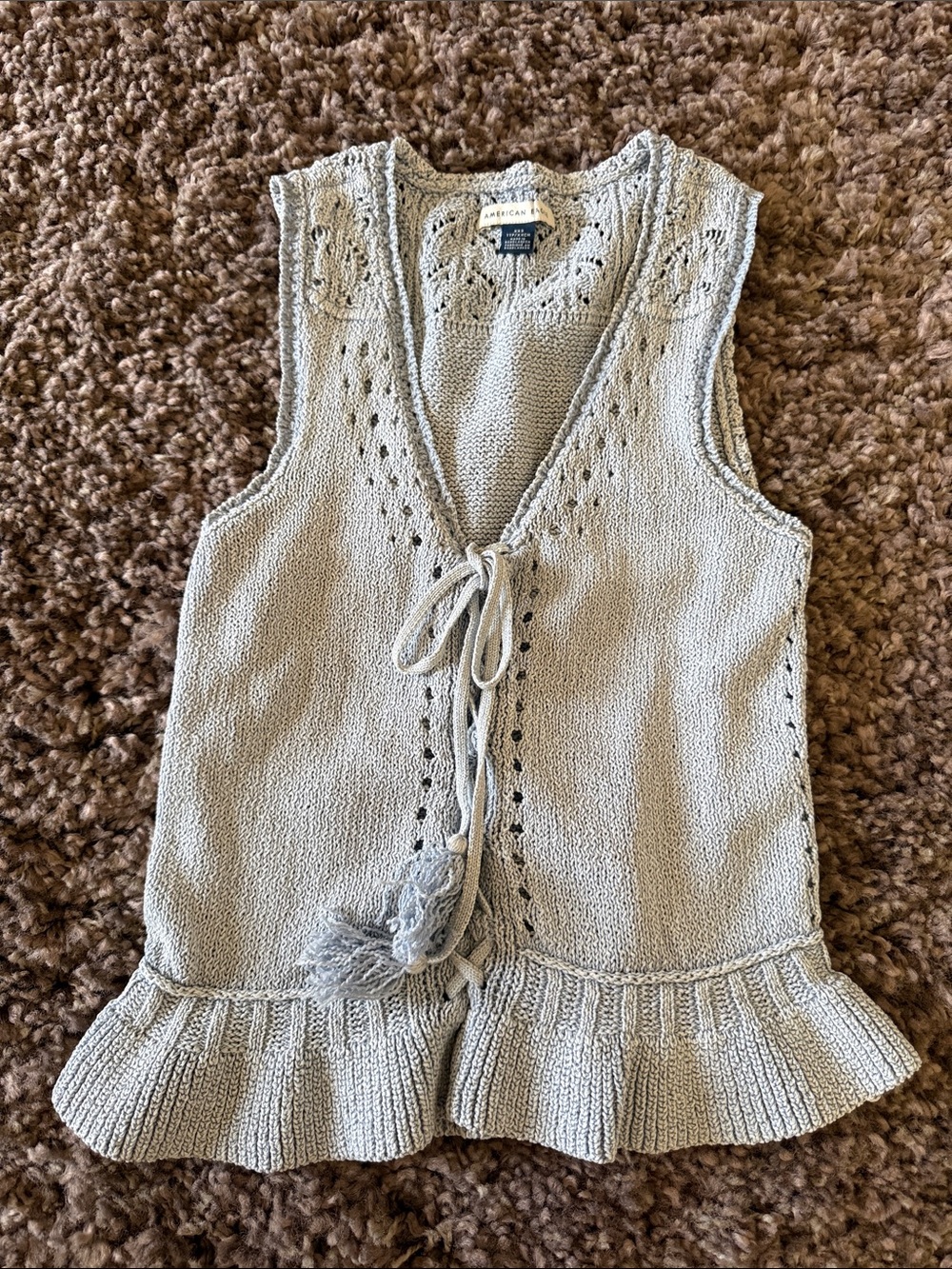 American Eagle Outfitters Light Blue Knit Tie-Front Ruffle Vest